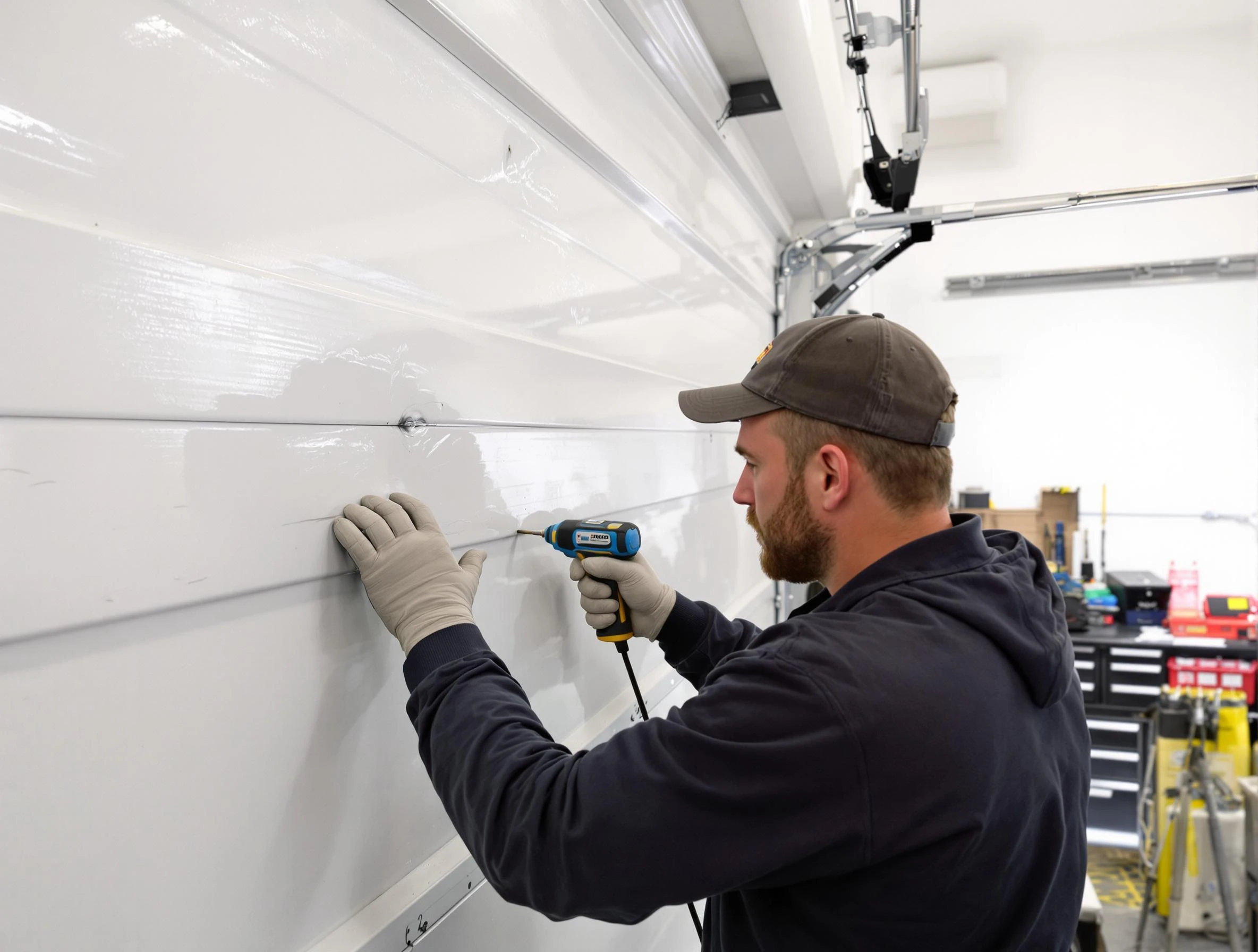 Lewisburg Garage Door Repair technician demonstrating precision dent removal techniques on a Lewisburg garage door